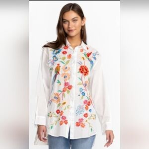 Johnny Was Marissa relaxed oversized white tunic colorful embroidered bl…